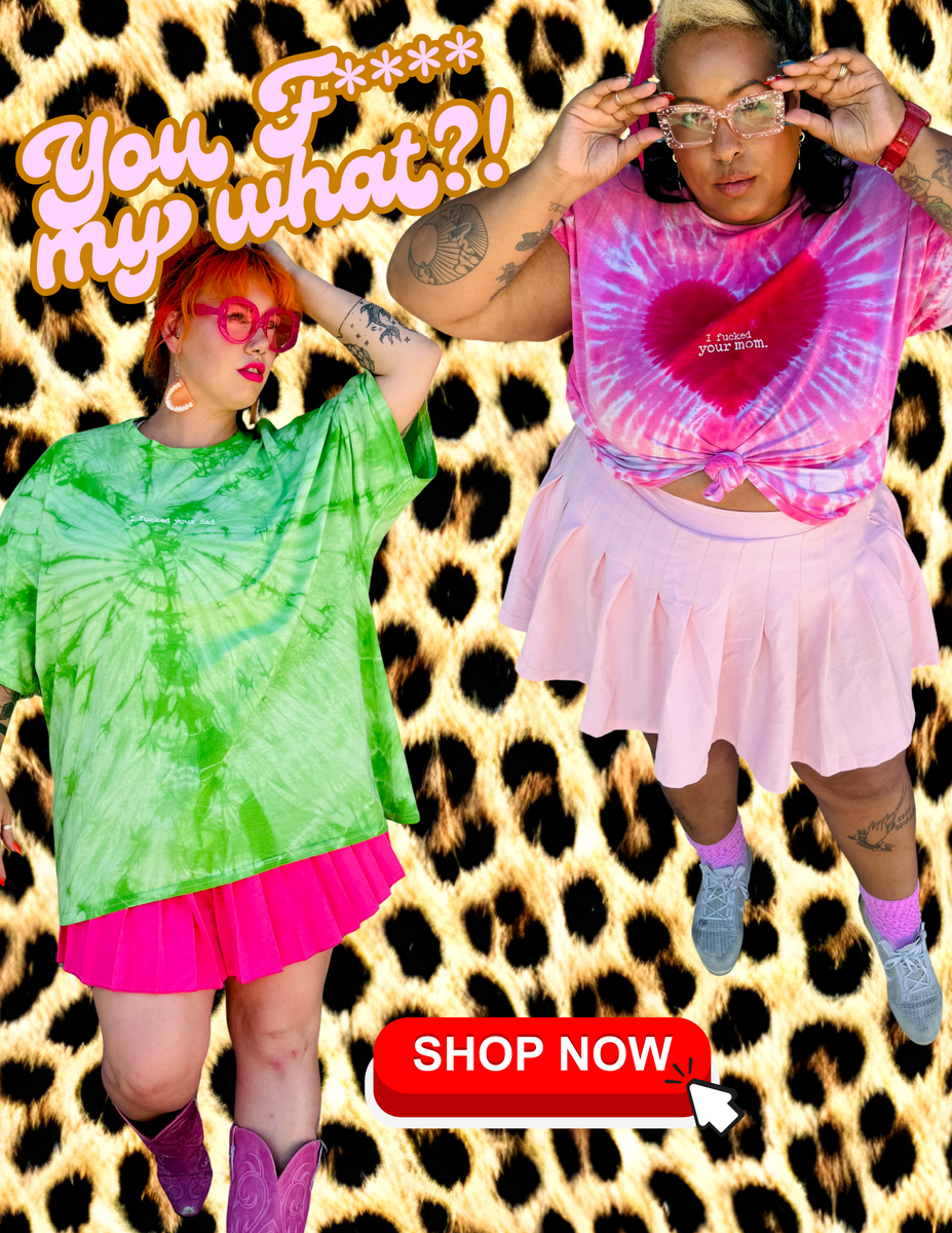Two people wearing tie-dye outfits with a leopard print background and 'Shop Now' button.