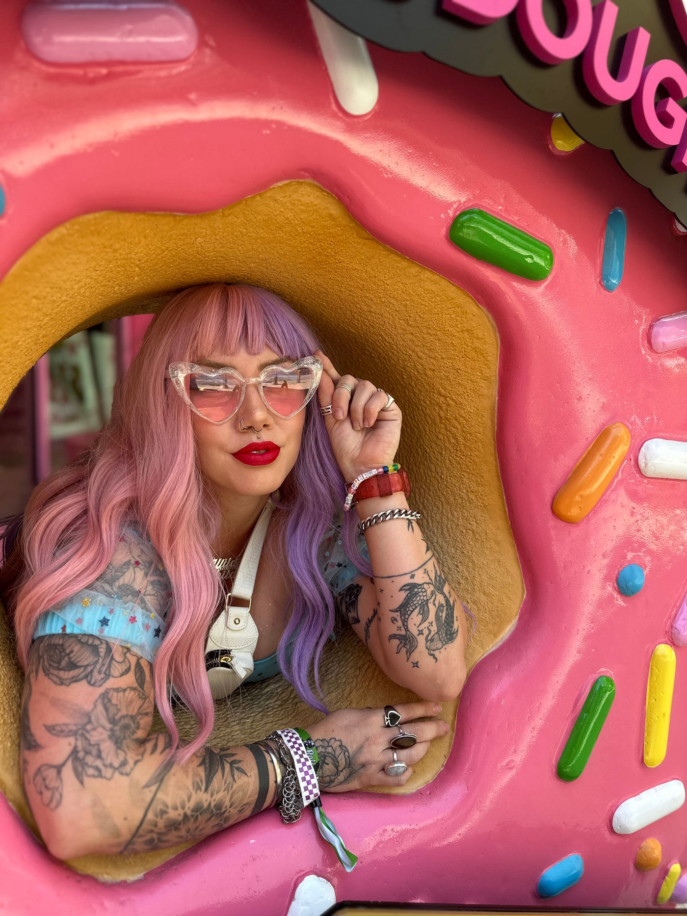 White Frame Pink Lens Heart of Glitter Sunnies | pink tinted heart shaped sunglasses