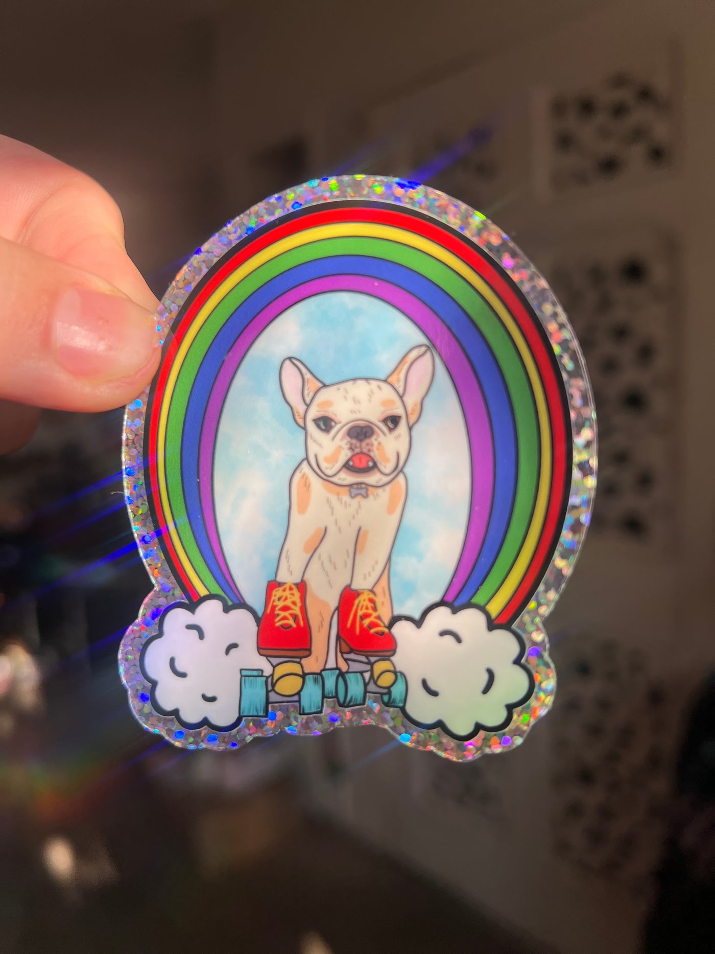 Bowie the Frenchie Roller Skater Glitter Vinyl Sticker