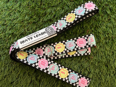 Checkered Rude Candy Hearts Roller Skate Leash with D Rings - Adjustable - Yoga Mat Strap - Skateboard Sling