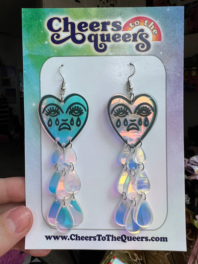 Sad Heart Crying Iridescent Acrylic Earrings