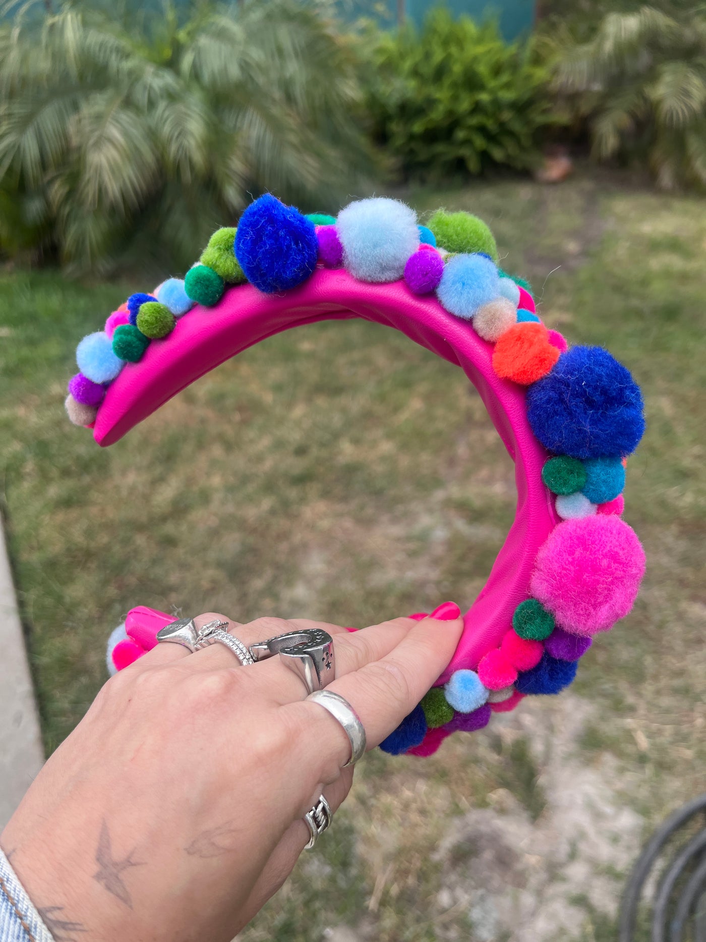 Pompom headband-  PICK YOUR COLOR- neon, jewel tone or pastel
