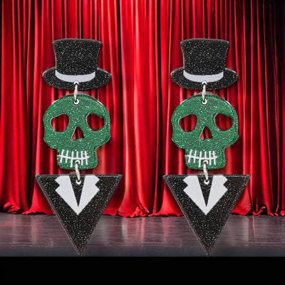 Fancy Green Glitter Skeleton Earrings