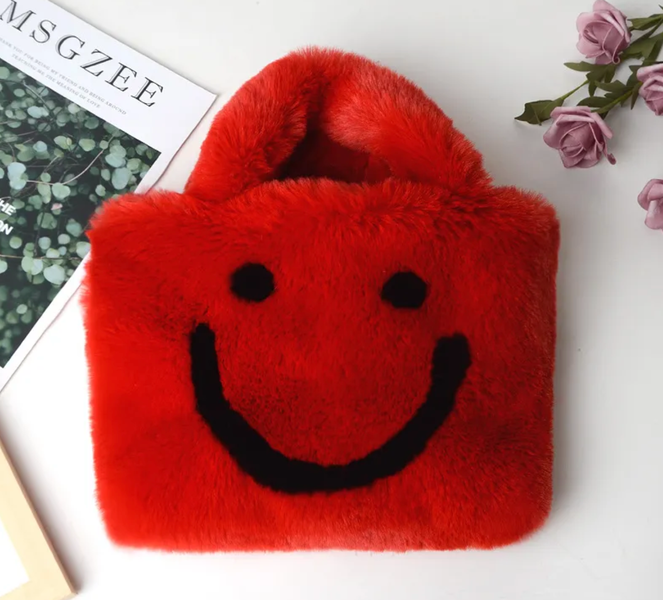 Red Furry Smile Face purse