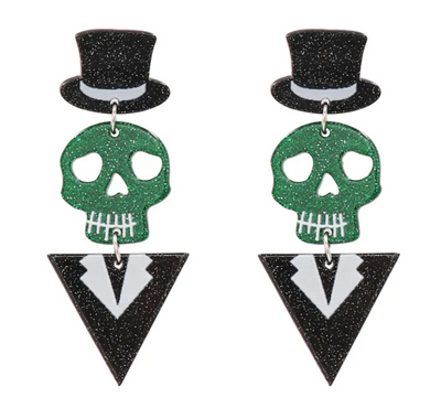 Fancy Green Glitter Skeleton Earrings