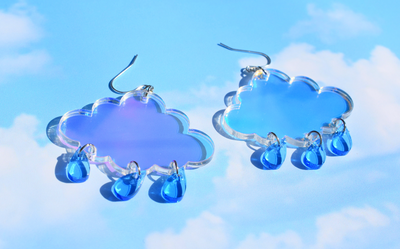 No Rain No Rainbow Cloud Earrings - Iridescent clouds with blue dangling raindrops