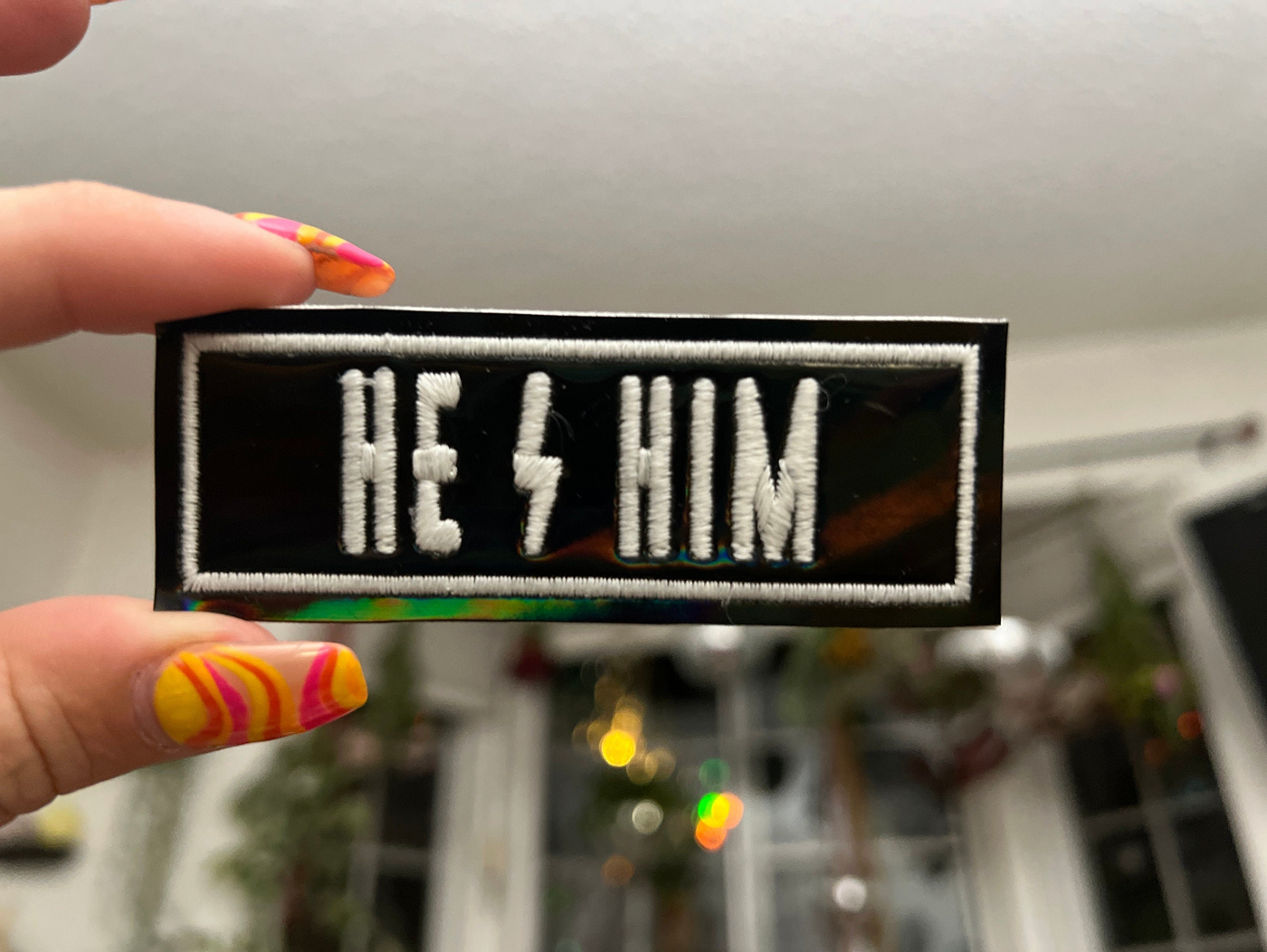 Pronoun black holographic Patch with glow in the dark thread *Choose Your Pronouns*