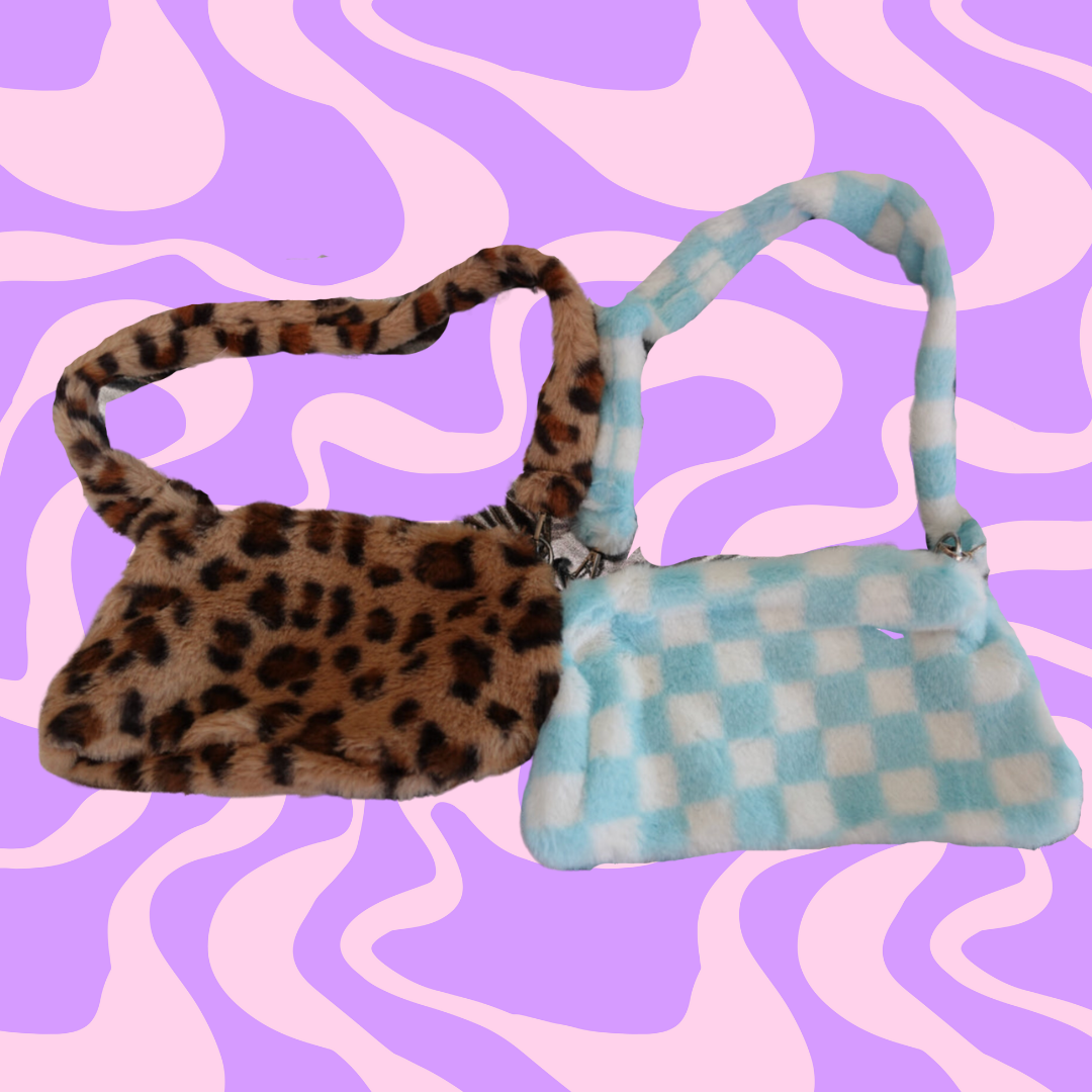 Fuzzy Mini Purse - Leopard Print or Baby blue plaid purse with button