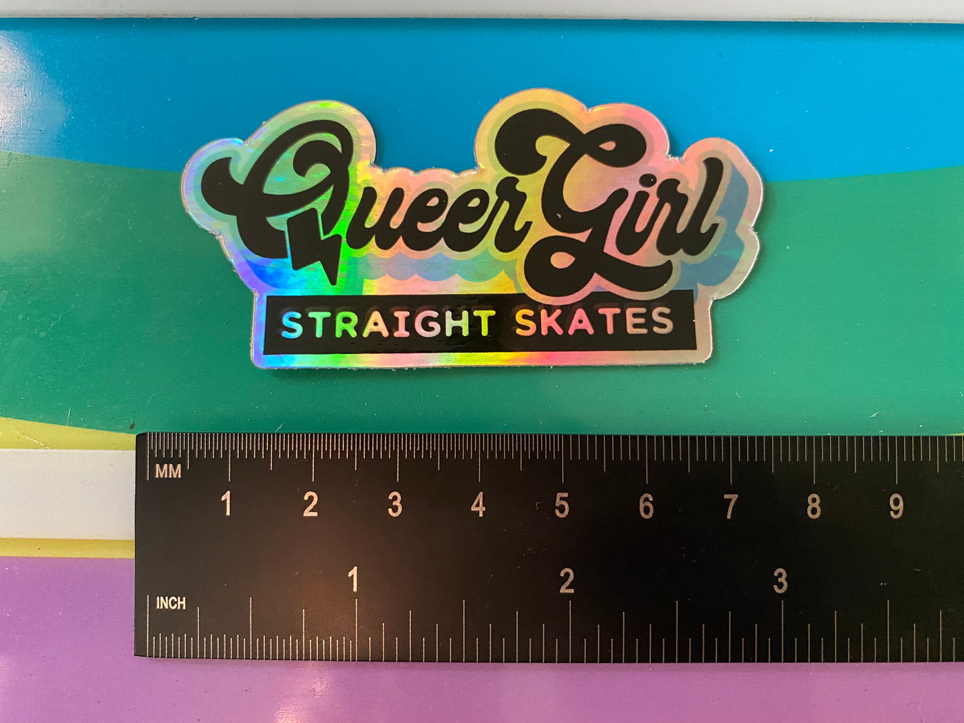 Queer Girl Straight Skates blue/green Holographic Logo Sticker