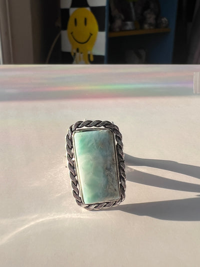Ornate Aqua Agate Rectangle Sterling Silver Ring Size 6