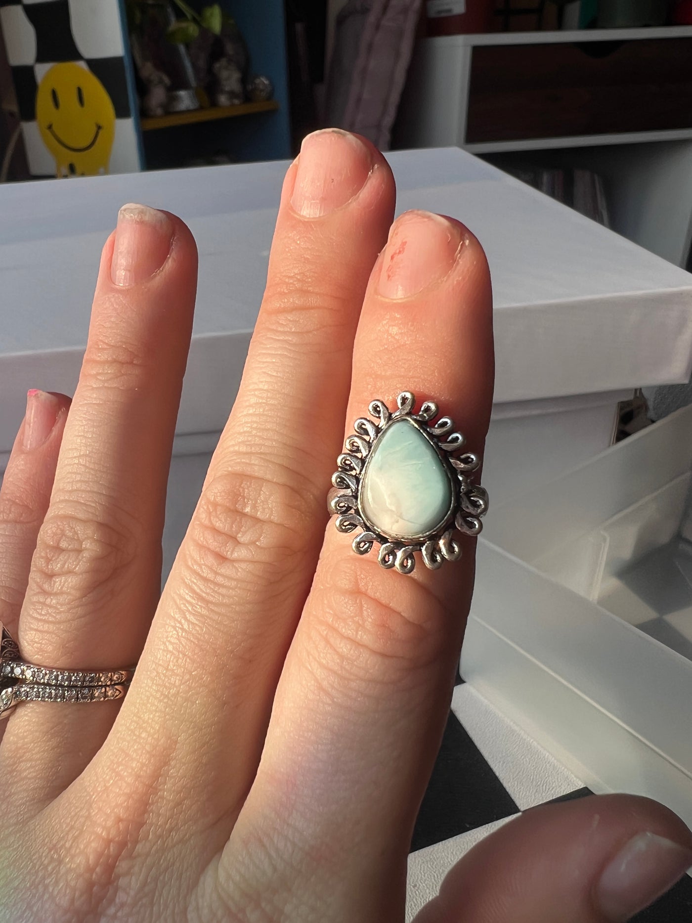 Ornate Plump Teardrop Aqua Agate Sterling Silver Ring Size 6