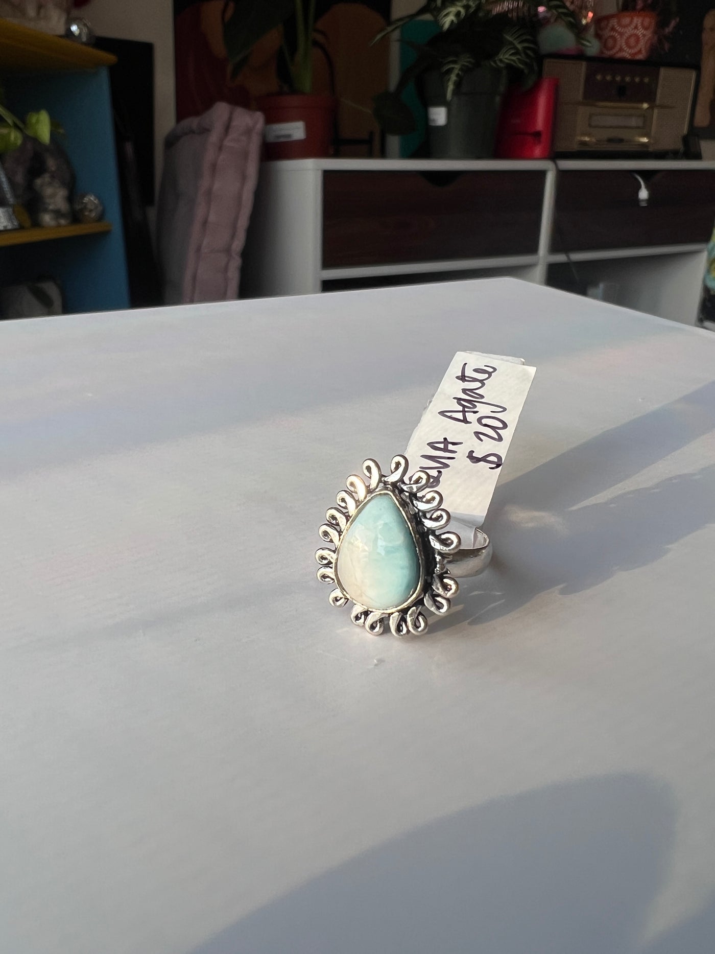 Ornate Plump Teardrop Aqua Agate Sterling Silver Ring Size 6