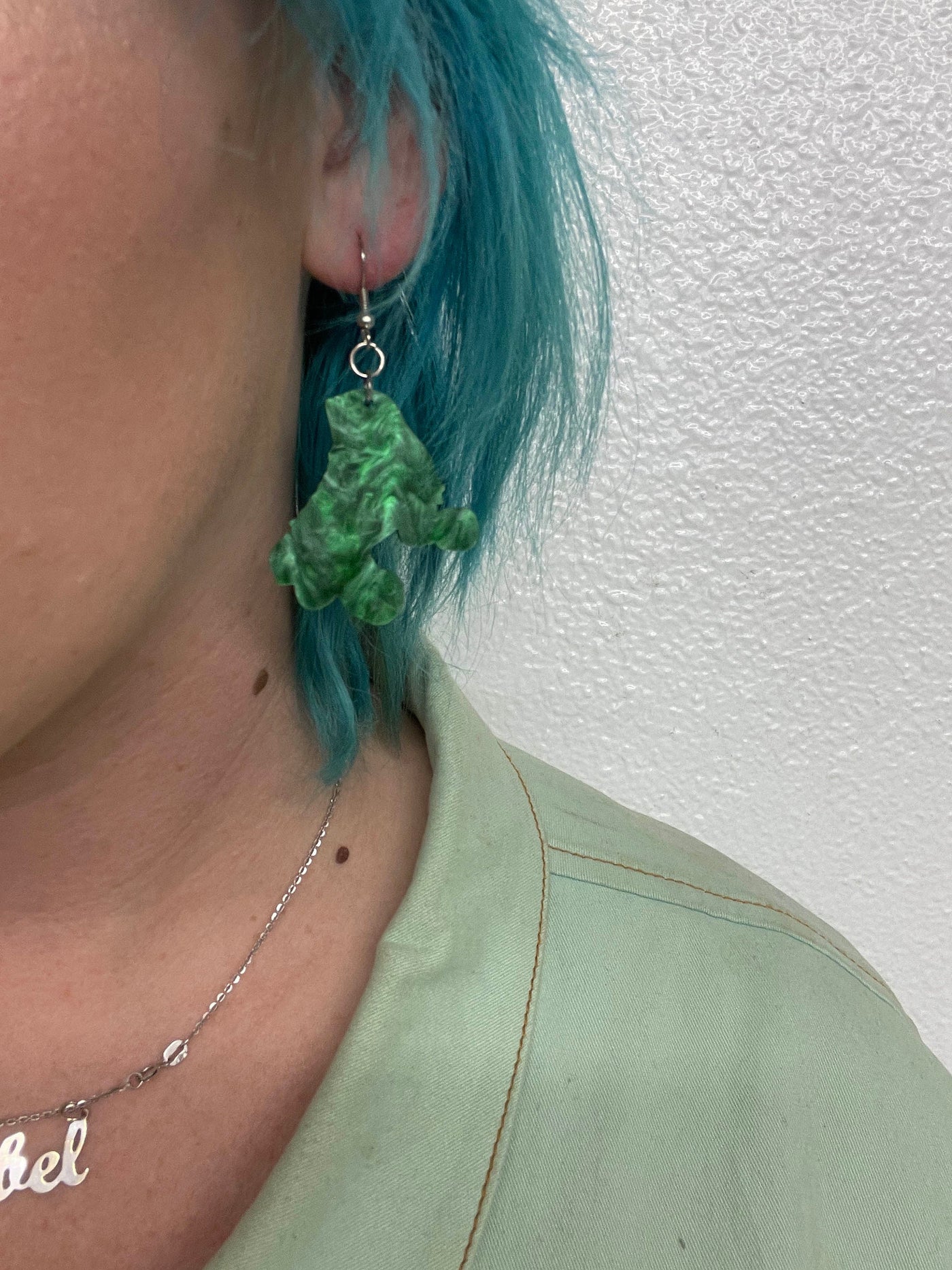 Green Pearlized Dangle Roller Skate Earrings HYPOALLERGENIC