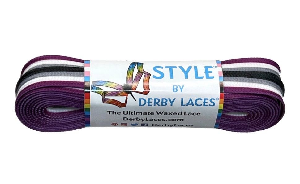 Ace Stripe Laces – 45 inch STYLE Waxed Roller Skate Laces - Purple, white, gray, and black stripes