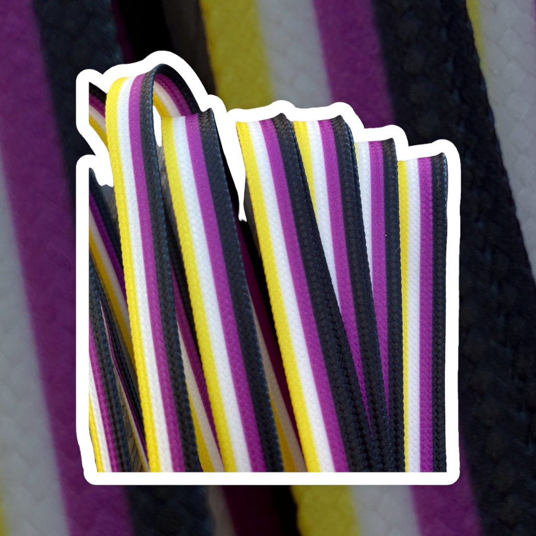 Non Binary Pride Stripe Laces – 45 inch STYLE Waxed Roller Skate Laces - black, purple, white and yellow  stripes -Nonbinary Flag