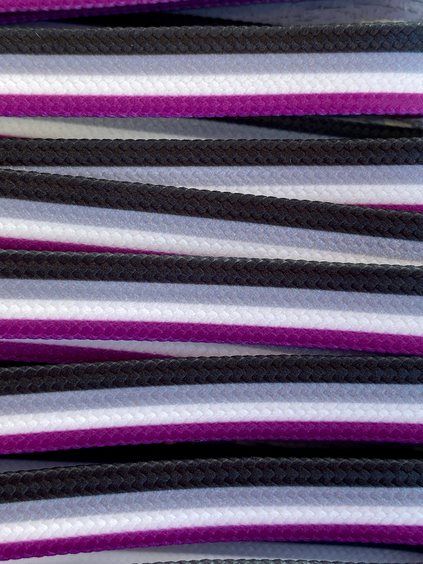 Ace Stripe Laces – 96 inch STYLE Waxed Roller Skate Laces - Purple, white, gray, and black stripes