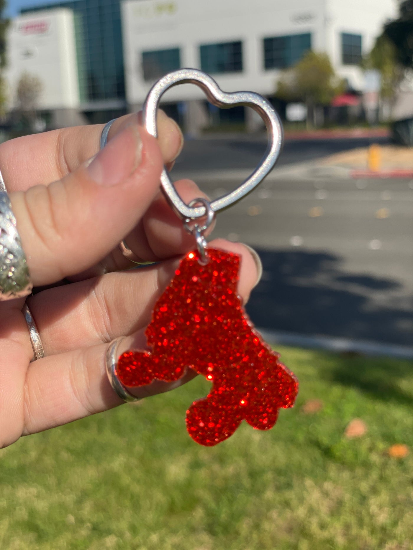 Red Glitter Roller Skate Keychain with a heart clasp