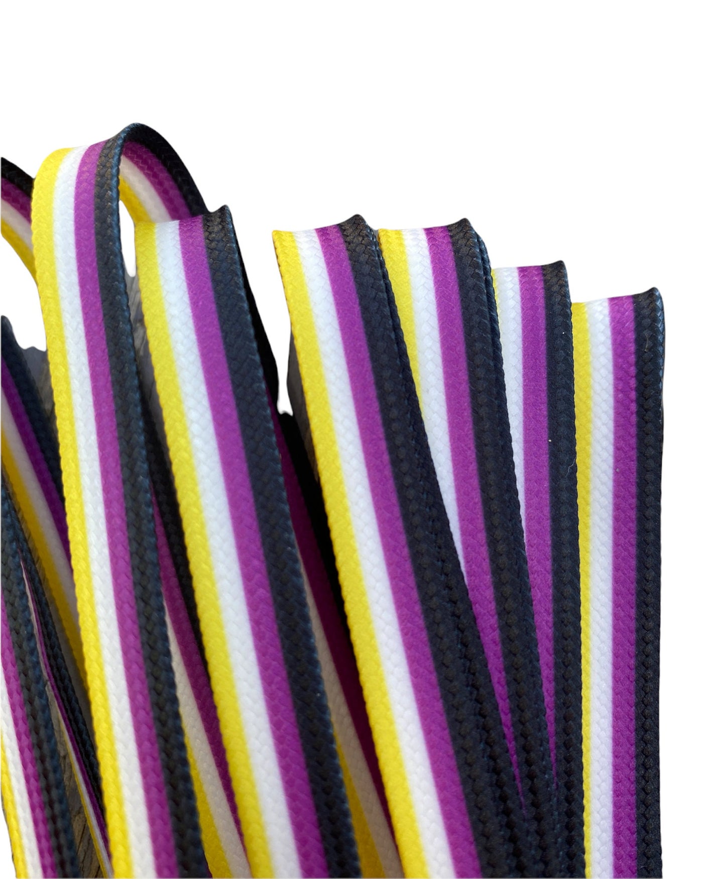 Non Binary Pride Stripe Laces – 96 inch STYLE Waxed Roller Skate Laces - black, purple, white and yellow  stripes -Nonbinary Flag