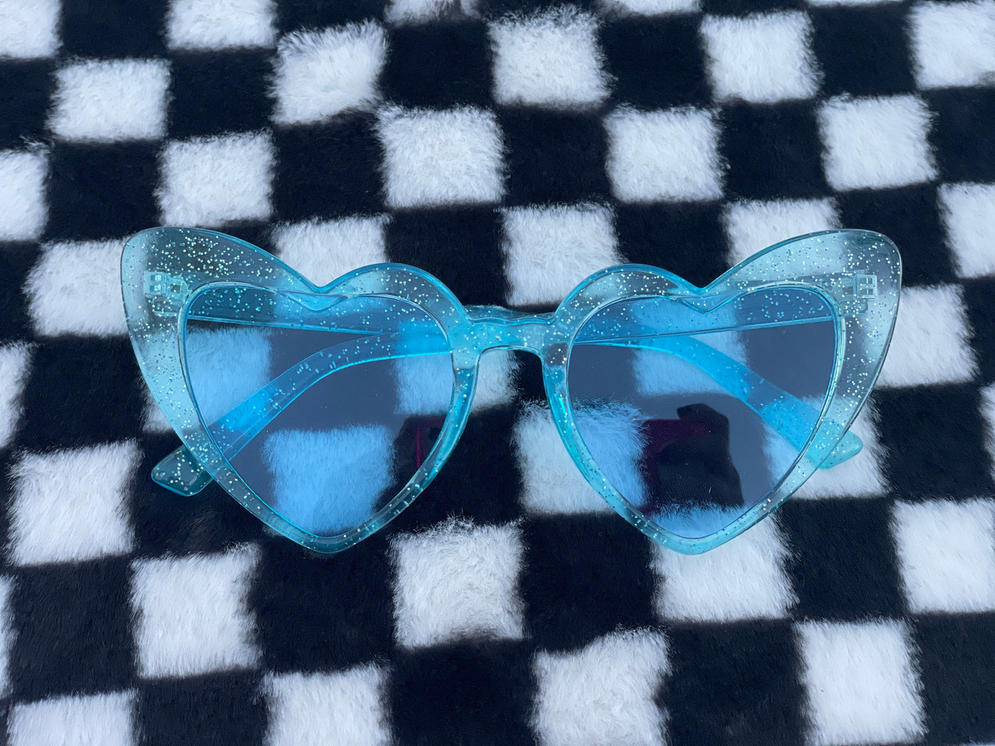 Blue Heart of Glitter Sunnies | blue tinted heart shaped sunglasses