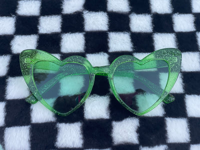 Green Heart of Glitter Sunnies | green tinted heart shaped sunglasses