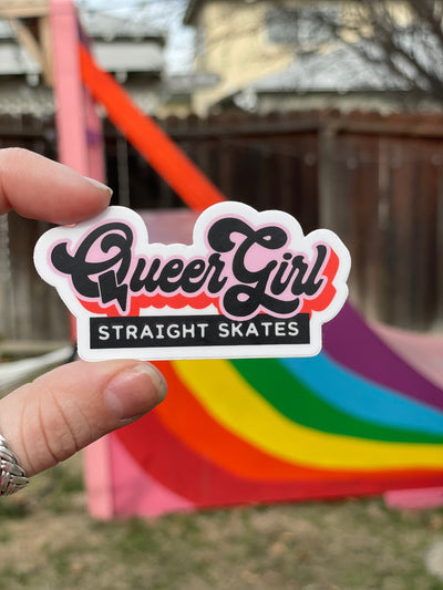 Queer Girl Straight Skates pink and red Logo Sticker