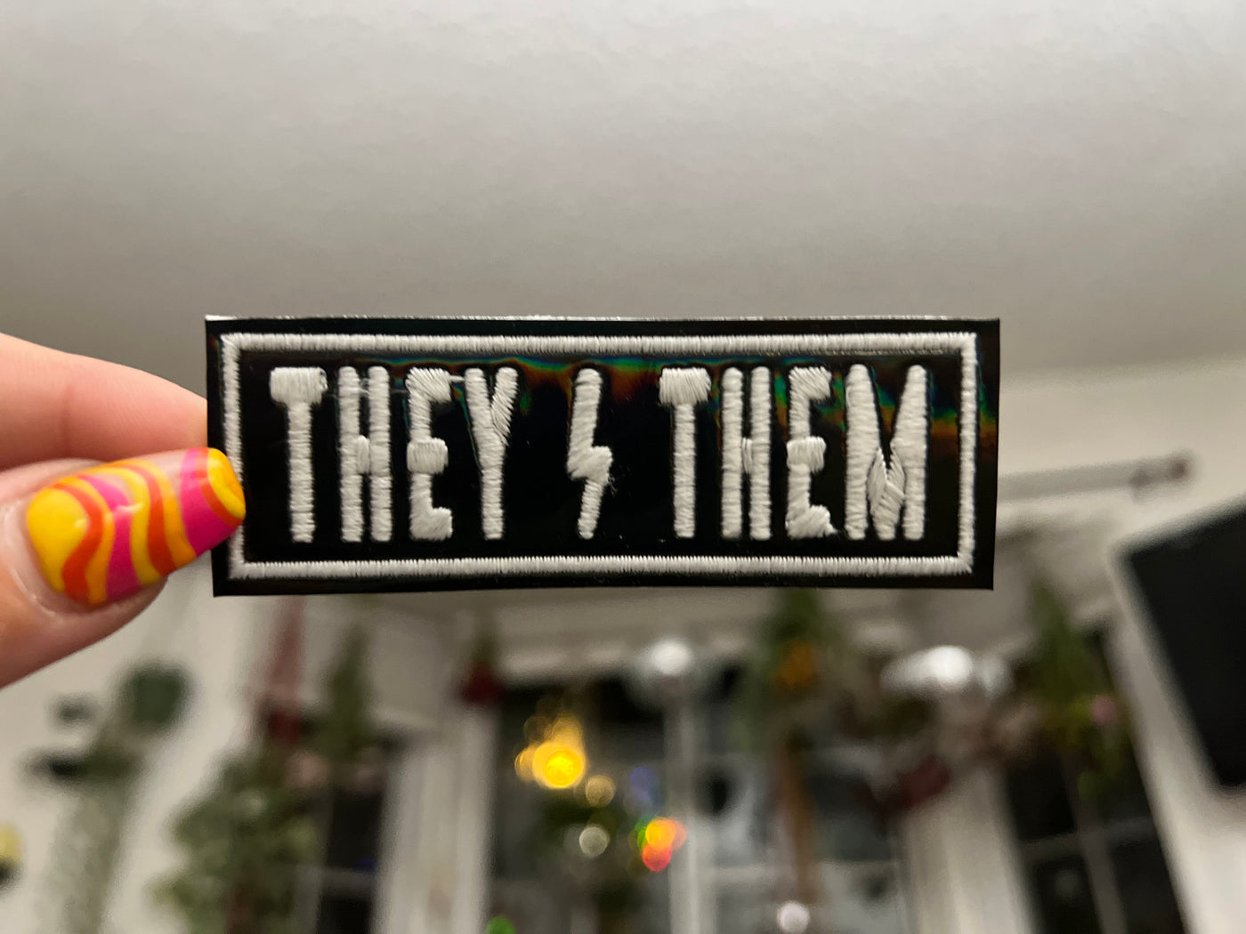 They/Them Pronoun black holographic Patch with glow in the dark thread