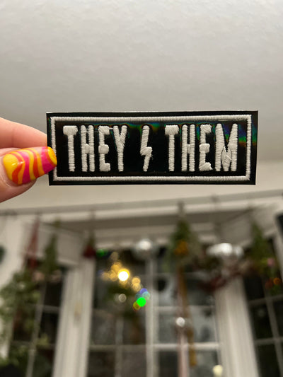 They/Them Pronoun black holographic Patch with glow in the dark thread