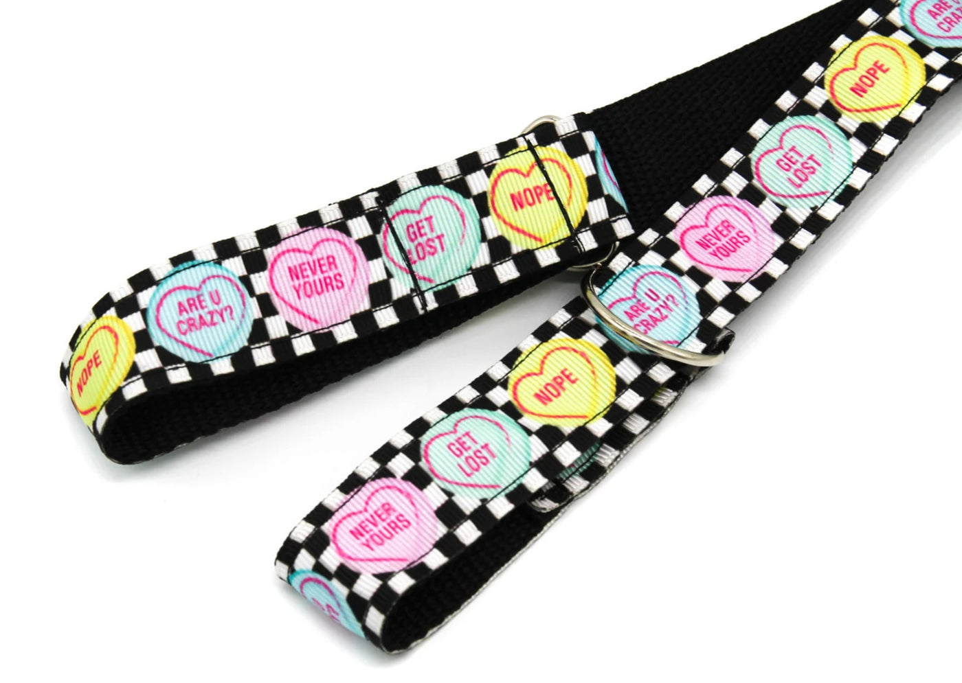 Checkered Rude Candy Hearts Roller Skate Leash with D Rings - Adjustable - Yoga Mat Strap - Skateboard Sling