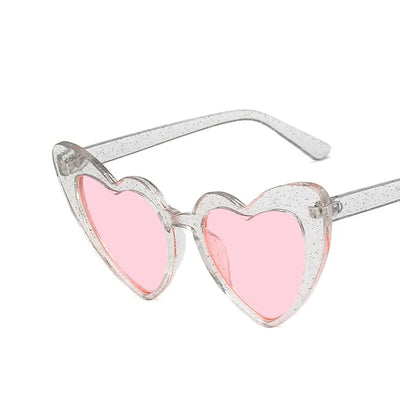 White Frame Pink Lens Heart of Glitter Sunnies | pink tinted heart shaped sunglasses